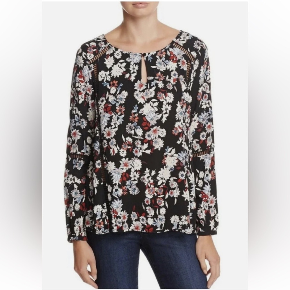 Anthropologie Cupcakes & Cashmere Kingsley Black Floral Blouse Size Small
